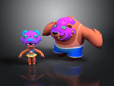Cute Purple Cartoon Characters Big And Small With Green Eyes Blue Shorts And Yellow Dress 3d model