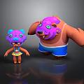 Cute Purple Cartoon Characters Big And Small With Green Eyes Blue Shorts And Yellow Dress