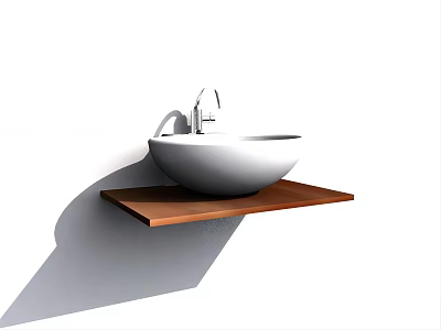 Minimalist White Washbasin On Wooden Shelf With Chrome Faucet In Bathroom 3d model