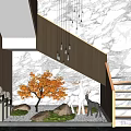 Garden Ornaments With Orange Maple Tree Deer Statues Moss And Wooden Staircase