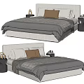 Minimalist Double Bed with Gray Bedding Brown White Pillows and Bedside Decorative Items