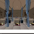 Modern SPA Sauna Interior With Massage Beds Blue Curtains Green Foot Basins And Wall Decor