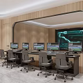 Modern Monitoring Room with Large Display Screen Multiple Monitors Control Console and Office Chairs