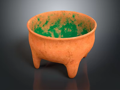 Three Legged Ceramic Pottery Bowl With Orange Exterior And Green Mottled Interior 3d model