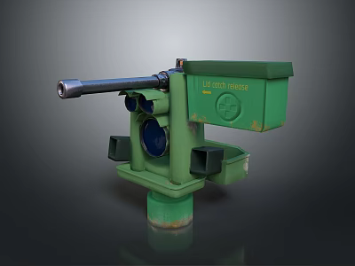 Green Vintage Weapon Cannon With Barrel Sight And Life Safety Device Label On Cylindrical Base 3d model