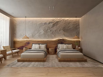 Hotel Guest Room Featuring Twin Beds Landscape Feature Wall Wooden Flooring And Pendant Lights 3d model