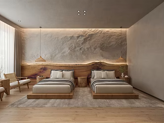 Quiet Room Homestay Room Standard Room Accommodation Stone Background Wall Leisure Chair Combination Standard Room Double Bed Hotel Room Bedside Chandelier Curtain 3d model