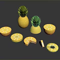 Fresh Whole Pineapples and Sliced Pieces with Green Tops on Dark Surface