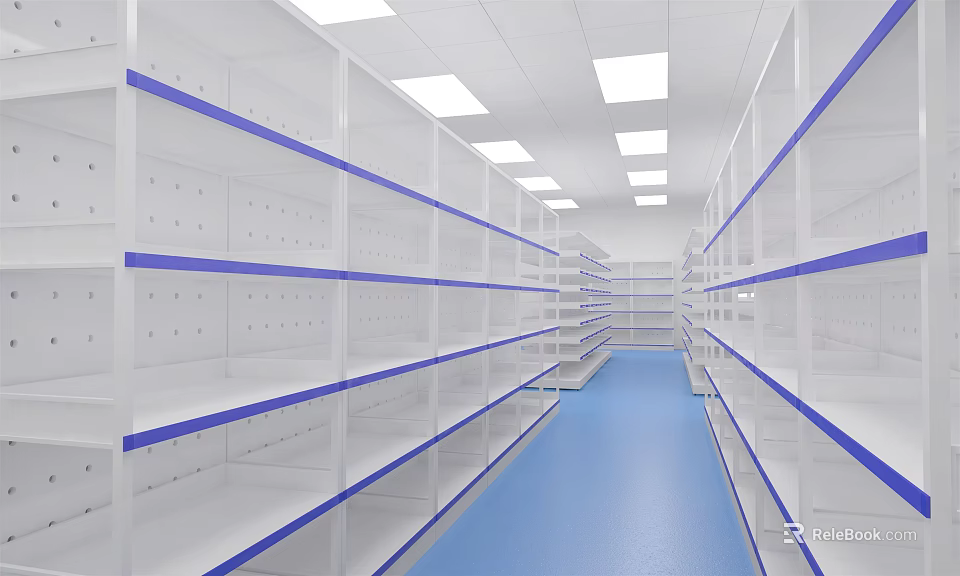Spacious Interior With Neatly Arranged White Shelves Blue Lines And Blue Floor 3d model 