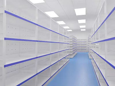 Spacious Interior With Neatly Arranged White Shelves Blue Lines And Blue Floor 3d model