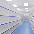 Spacious Interior With Neatly Arranged White Shelves Blue Lines And Blue Floor
