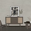 Minimalist Natural Console Cabinet Side Cabinet With Dark Wood Rattan And Decorative Painting Vase Plants