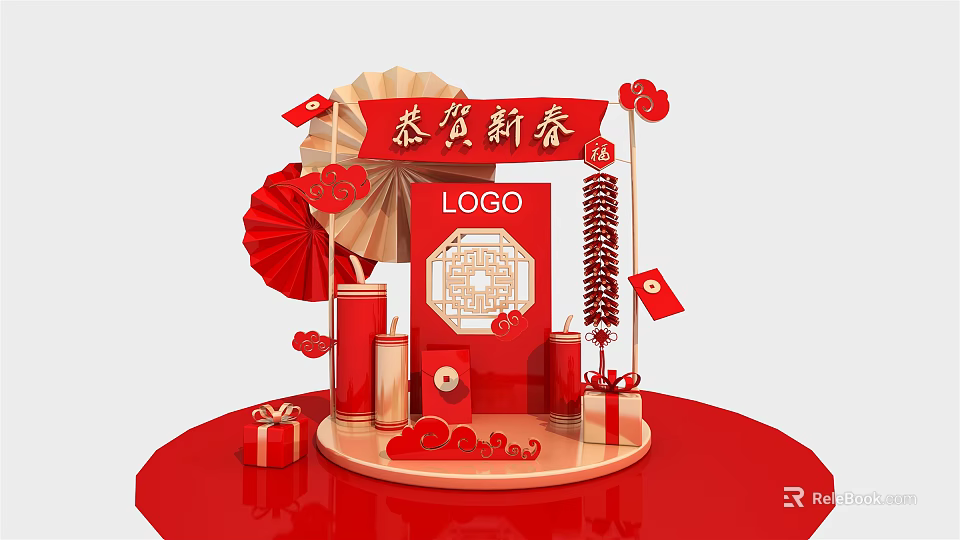 Chinese New Year Decoration Display With Red Lanterns Fans Gift Boxes And Auspicious Clouds 3d model 
