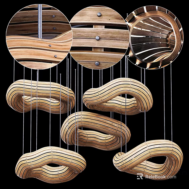 Modern Artistic Wooden Curved Loop Chandelier With Unique Ring Shaped Structure 3d model 