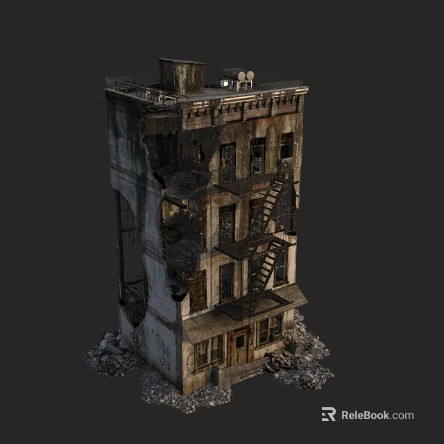 Old Abandoned Dilapidated Building With Broken Walls Fire Escape And Debris 3d model