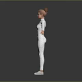 Woman in white long sleeve top and pants posing with arms outstretched on gray background