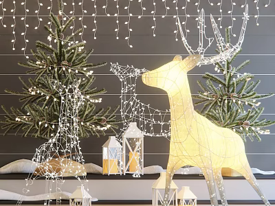 Winter Themed Decorative Ornament Set with Deer Light Christmas Trees Small Lanterns and String Lights 3d model