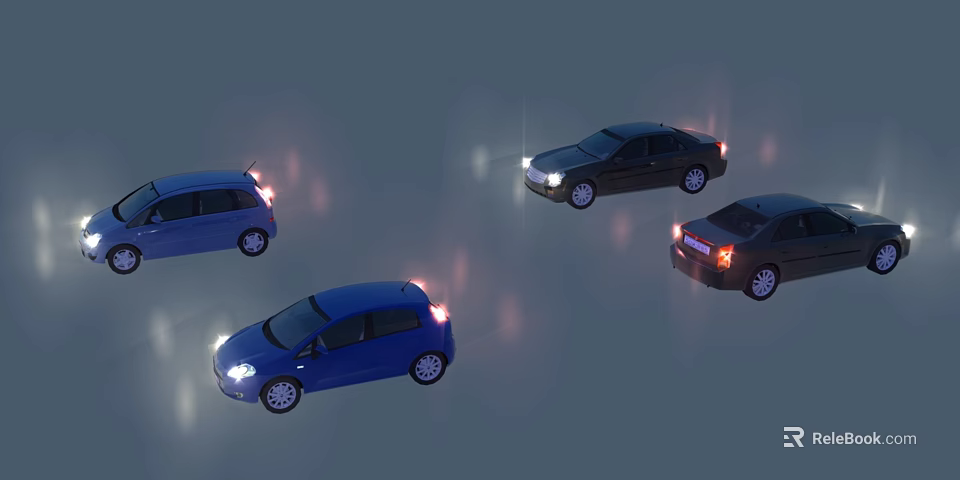 Four Blue And Dark Cars In Top View Display On Gray Background 3d model 