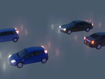 Four Blue And Dark Cars In Top View Display On Gray Background 3d model