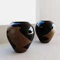 Black and Brown Ceramic Vases With Geometric Patterns On White Surface Against Window Background 3d model