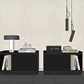 Modern Black Bedside Tables With Table Lamp Books Clock And Window Blinds
