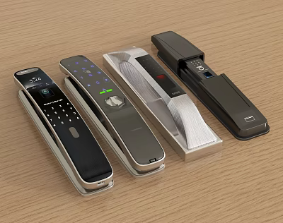Various Styles of Smart Door Locks Placed on Wooden Surface with Keypad and Fingerprint Recognition 3d model