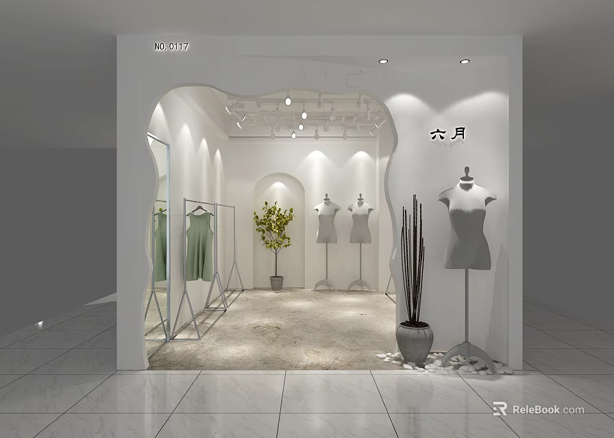Modern Minimalist Clothing Store With Hanging Dresses Mannequins Green Plants And Decor 3d model 