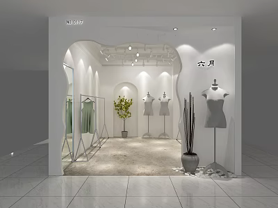 Modern Minimalist Clothing Store With Hanging Dresses Mannequins Green Plants And Decor 3d model