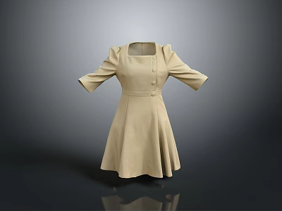 Beige Women's Dress With Square Neckline Three Quarter Sleeves Fitted Waist And Flared Hem 3d model