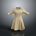 Beige Women's Dress With Square Neckline Three Quarter Sleeves Fitted Waist And Flared Hem