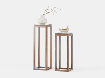 Two Wooden Pedestals With White Vase And Decorative Bowl On Top 3d model