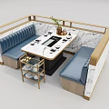 Public Booth Seating In Restaurant With Blue Upholstered Cushions Wooden Frame And Marble Table