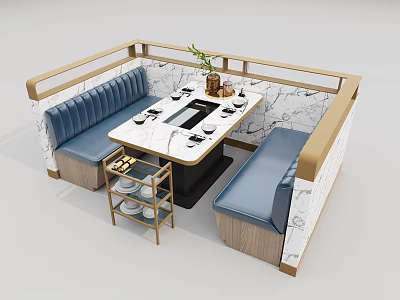Public Booth Seating In Restaurant With Blue Upholstered Cushions Wooden Frame And Marble Table 3d model