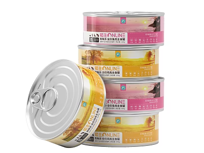 Stacked Pet Food Cans With Colorful Packaging And Various Flavors 3d model