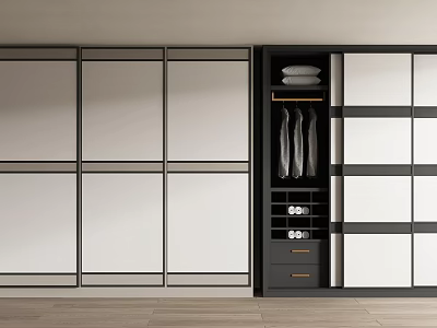 Modern Black And White Wardrobe With Sliding Doors Hanging Rods And Storage Shelves 3d model