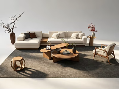 Modern Sofa Set With Wooden Coffee Tables Accent Chair And Decorative Plants On Rug 3d model