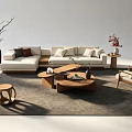 Modern Sofa Set With Wooden Coffee Tables Accent Chair And Decorative Plants On Rug