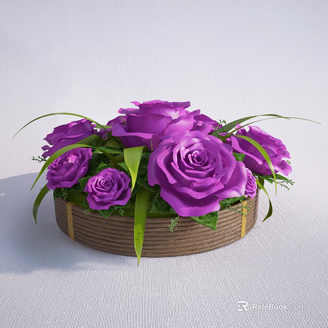 Beautiful Purple Roses Arrangement With Fresh Green Leaves In Brown Basket 3d model 