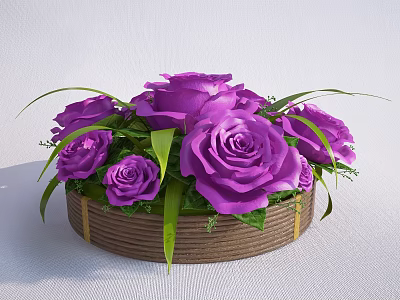 Beautiful Purple Roses Arrangement With Fresh Green Leaves In Brown Basket 3d model