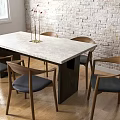 Elegant Dining Table Set With White Brick Wall Spherical Chandelier Wooden Chairs And Flower Vase