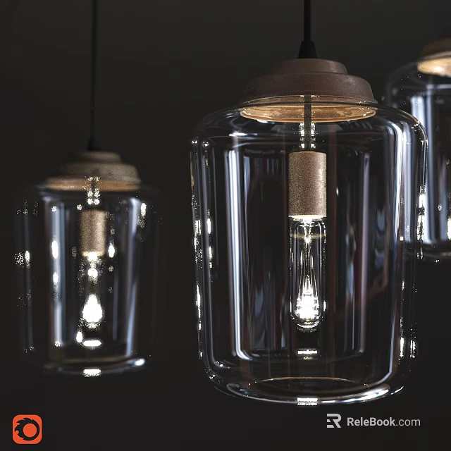 Modern Transparent Glass Pendant Lights With Wooden Top And Exposed Bulb Design 3d model 