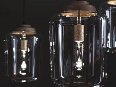 Modern Transparent Glass Pendant Lights With Wooden Top And Exposed Bulb Design 3d model