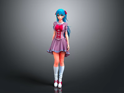 Anime Girl Design With Blue Hair Pigtails Purple Dress Red Vest White Socks And Shoes 3d model
