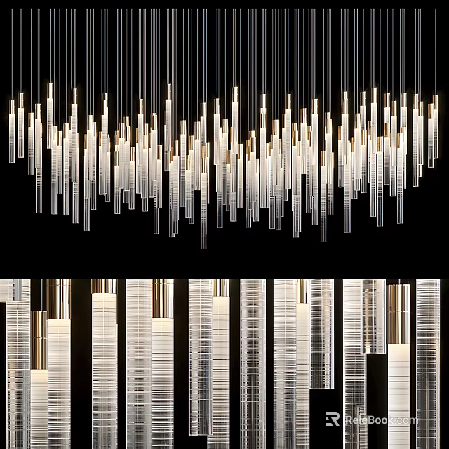 Modern Slender Transparent Glass Chandelier Design With Hanging Crystal Strips And Warm Light 3d model 