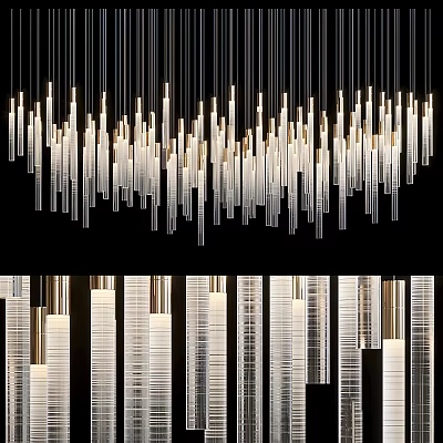 Modern Slender Transparent Glass Chandelier Design With Hanging Crystal Strips And Warm Light 3d model
