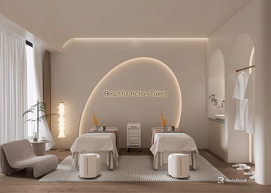 Cozy Beauty Hair Salon Interior Modern Design With Treatment Beds Stools And Plants 3d model 