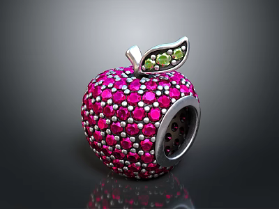 Decorative Jeweled Apple Ornament With Pink Red Gemstones And Green Leaf 3d model