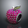 Decorative Jeweled Apple Ornament With Pink Red Gemstones And Green Leaf