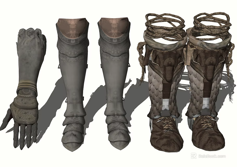 Medieval Style Leather Boots With Lace Up Straps Greaves And Metal Decorative Details 3d model 