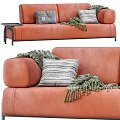 Modern Orange Leather Sectional Sofa With Decorative Pillows Throw Blanket And Side Tray Table 3d model